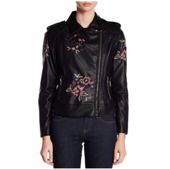 BB Dakota Baxley Faux Leather Floral Embroidered Biker Jacket Size S - Picture 3 of 9